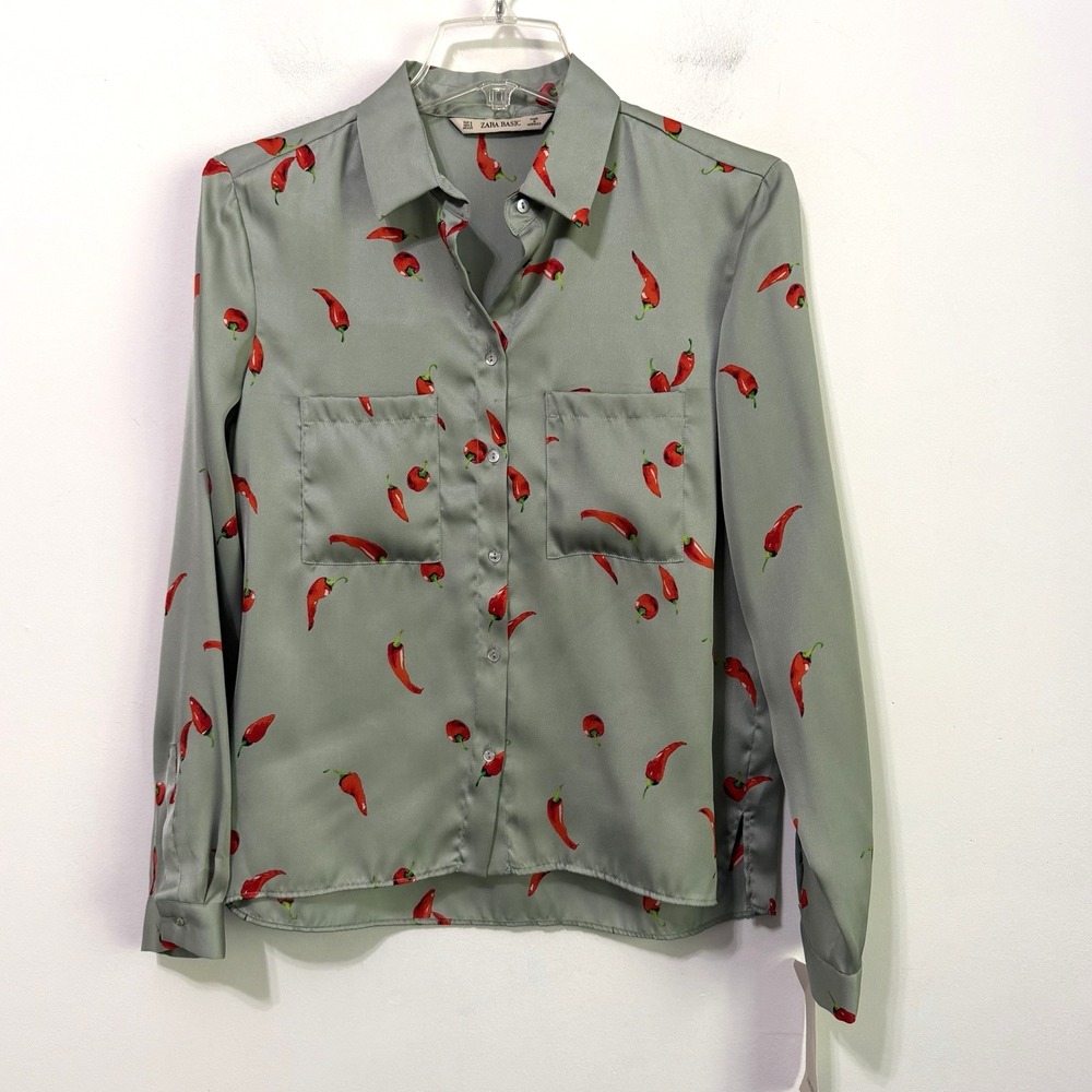 Zara Basic Blouse S Satin Sage Red Chili Pepper Button Front Foodie Kitsch NEW